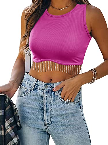 Damen Nashville Sparkly Strass Fransen ärmellos Crop Tops Y2K Raceback gerippt Cropped Tank Tops mit Glitzer Quaste, 8-Hot Pink, X-Groß von Nlife