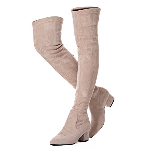 Damen Stiefel Winter Overknee Lange Stiefel Mode Stiefel Heels Herbst Qualität Wildleder Komfort Quadratische Absätze US Größe, 5,1 cm (2 Zoll), Khak, 37.5 EU von N.N.G