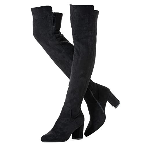 N.N.G Damen Overknee-Stiefel, Winterstiefel, Wildleder, spitzer Zehenbereich, Chuck Heel, bequem, elastische Öffnung, Schwarz, 7,6 cm Absatz, 38 EU von N.N.G