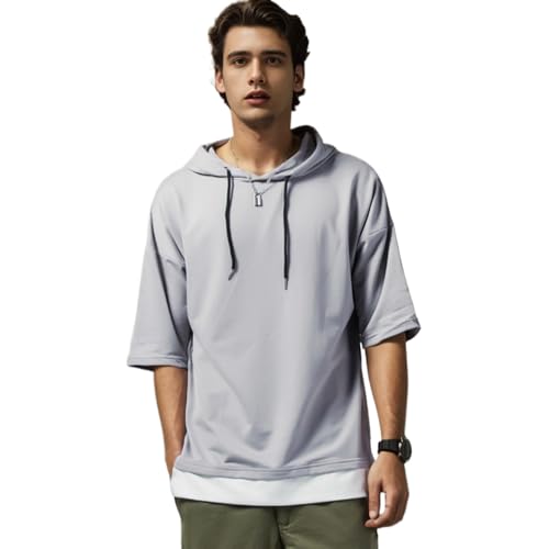 KENAIJING Herren T-Shirt mit Kapuze T Shirt Hoodie Pullover Sweatshirt (Hellgrau, L) von KENAIJING