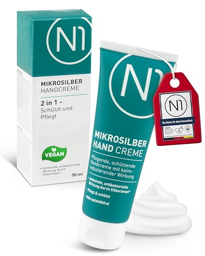 N1 Mikrosilber Handcreme für sehr trockene Hände 50 ml [inkl. Desinfektion] - Handcreme rissige Hände + Desinfektionsmittel für Hände in einem Produkt von N1