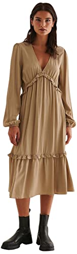 NA-KD Damen Midi-Rüschenkleid mit Ballonärmeln Lässiges Kleid, Dunkelbeige, 36 von NA-KD