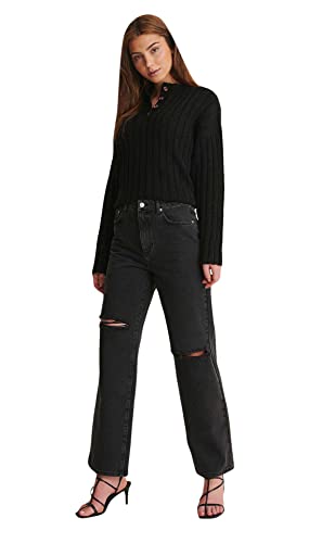 NA-KD Damen Destroyed Straight Denim Jeans, Washed Black, 36 EU von NA-KD