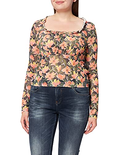 NA-KD Damen Frill Detail mesh top Hemd, Orangefarbene Blume, 2XL von NA-KD