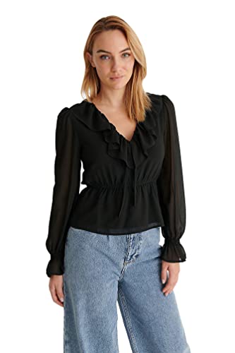 NA-KD Damen Frill V-Neck Chiffon Blouse Bluse, Schwarz, 34 EU von NA-KD