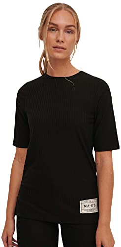 NA-KD Damen Geripptes T-Shirt, Schwarz, M von NA-KD