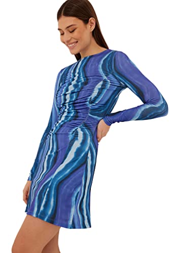 NA-KD Damen Langärmliges Minikleid mit Rüschendetails Lssiges Kleid, Swirl Blue Print, X-Large von NA-KD