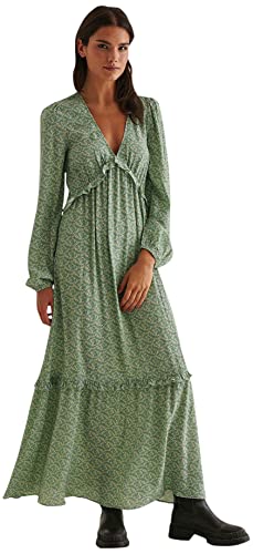 NA-KD Damen Maxi-Rüschenkleid mit Ballonärmeln Lässiges Kleid, Grün/Blumen, 32 von NA-KD