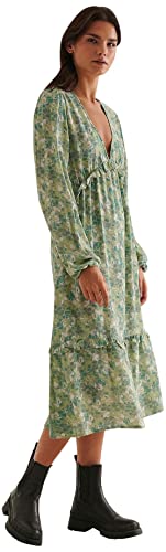 NA-KD Damen Midi-Rüschenkleid mit Ballonärmeln Lässiges Kleid, Grün/Blumen, 34 von NA-KD