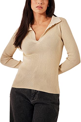 NA-KD Damen Pique Collar Knitted Long Sleeve Top Klassisches Hemd, Light Sand, Small von NA-KD