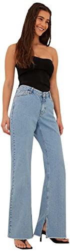 NA-KD Damen Raw Hem Side Slit Denim Jeans, Mittelblau, 40 EU von NA-KD