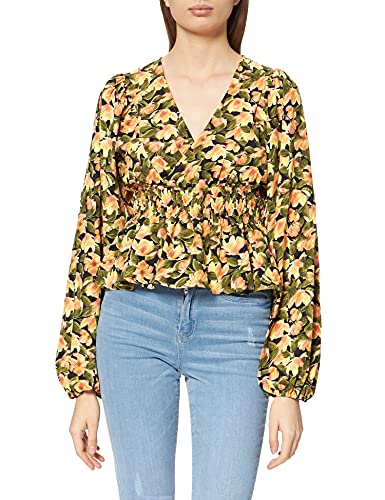 NA-KD Damen Smocked Waist Blouse Bluse, Orangefarbene Blume, 40 EU von NA-KD