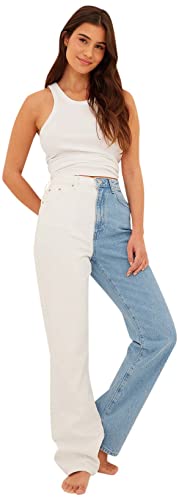 NA-KD Damen Zweifarbiger, Gerader Denim Jeans, Weiß Blau, 42 von NA-KD