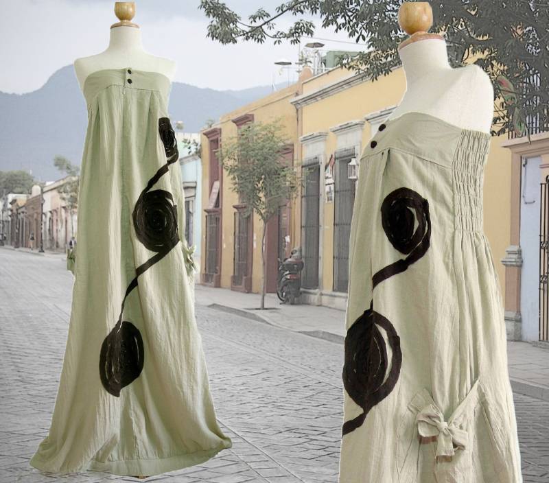 Beige Maxikleid Trägerloses Gesmoktes Baumwoll Kleid Mit Taschen - Ld001 von NAAMJai