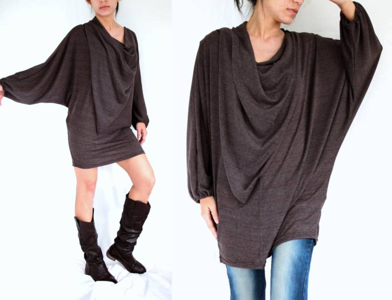 Braun Boho Tunika Damen Oversized Bluse Lange Ärmel Kleid Dolman Oberteile Mini in Fledermausärmel Top - 11275 von NAAMJai