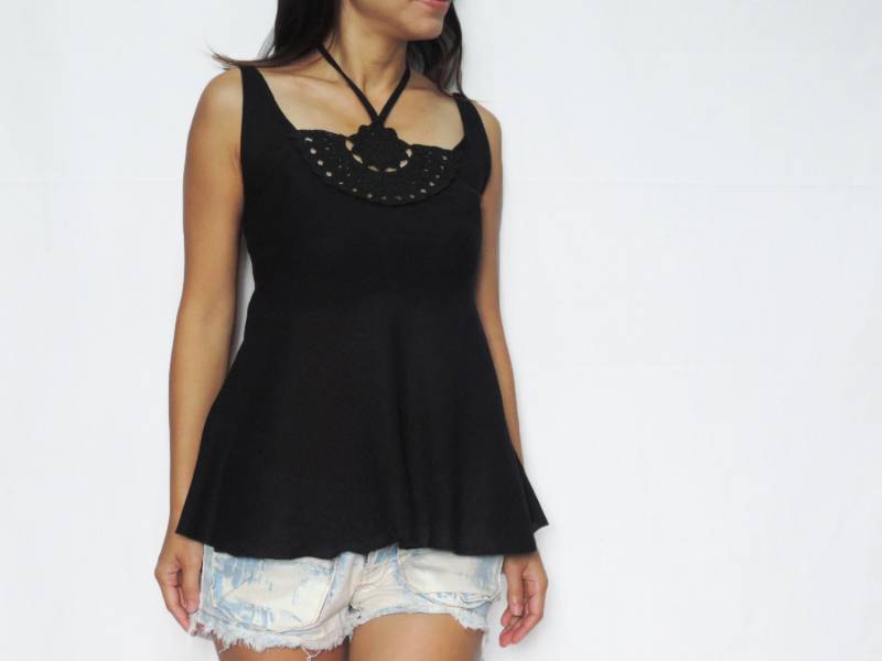 Schwarz Häkel Top Gesmoktes Baumwolle Sommer Top - Top024 von NAAMJai