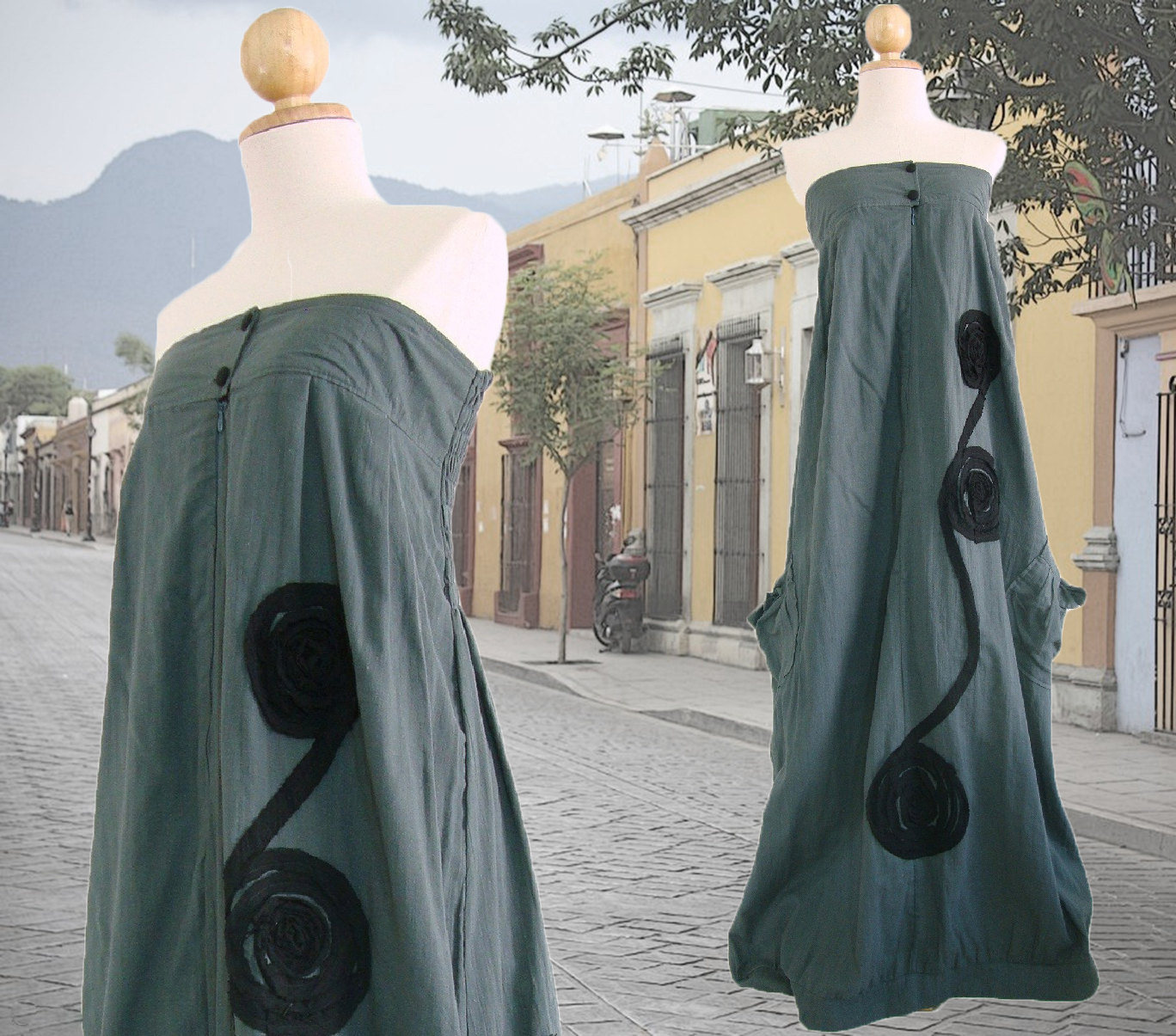 Graues Baumwoll Maxi Kleid - Gesmoktes Trägerloses Mit Taschen Bodenlange Loose Fit Ld001 von NAAMJai