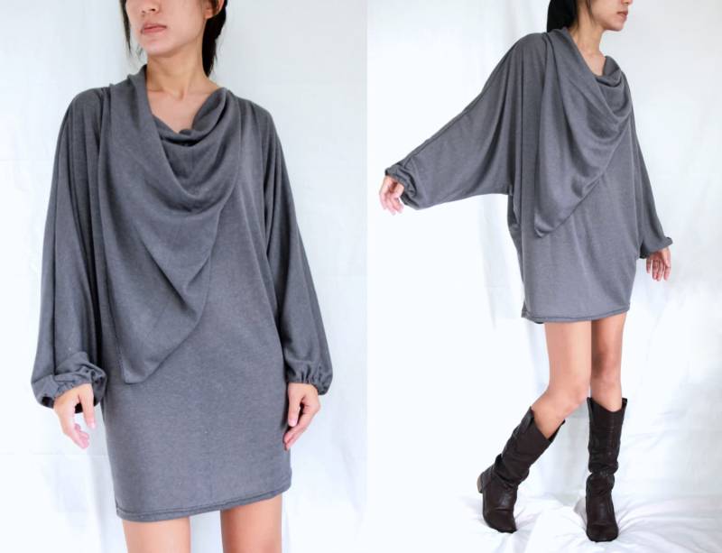 Lange Ärmel Tunika Kleid in Grau Damen Bluse Oversized Dolman Oberteile Einzigartige Mini Frauen Boho - 11275 von NAAMJai