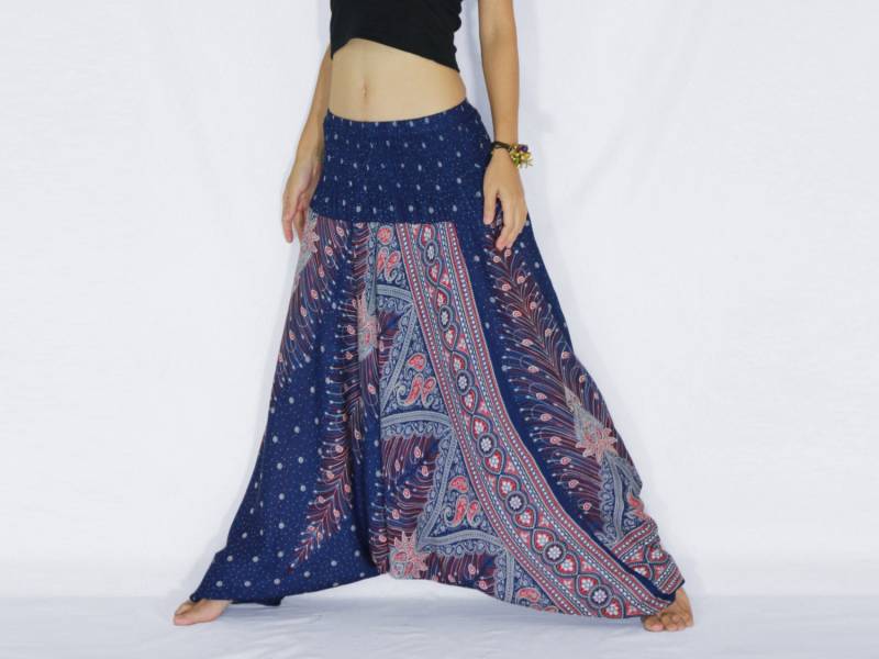 Pfauenfedern Print Cabrio Jumpsuit Haremshose in Marineblau Yoga Hose Boho Festival Lose Baggyhose - Dp Pnt005 von NAAMJai