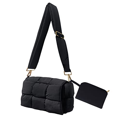 NAARIIAN Gewebte Schultertasche, gepolsterte Kassetten-Handtasche mit Münzen-Organizer, Nylon, leicht, Damen-Umhängetasche, Schwarz von NAARIIAN