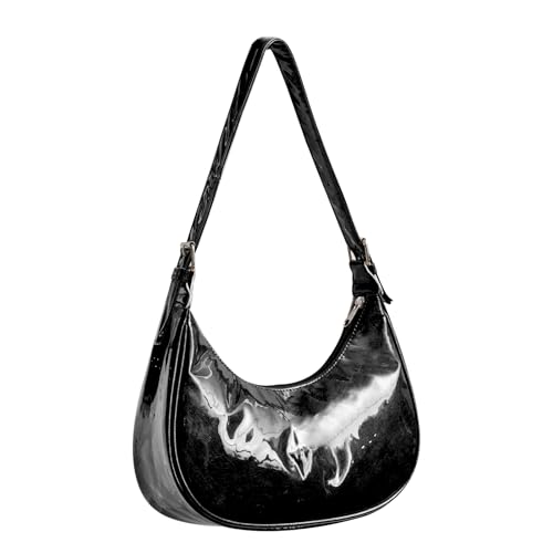 NAARIIAN PVC-Tasche für Damen, kleine Hobo-Tragetasche, Handtasche, Mini-Clutch, Halbmond-Schultertasche mit Reißverschluss, Schwarz, Small von NAARIIAN