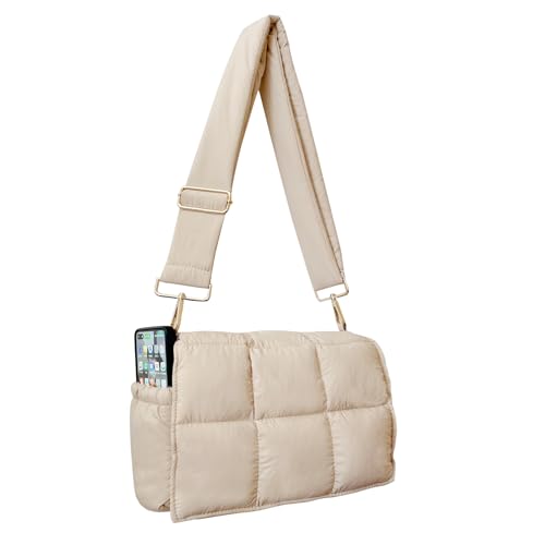 NAARIIAN Puffer Schultertasche Puffy Crossbody Geldbörse Baumwolle gepolstert gesteppt Handtasche Designer Dupes Damen Hobo Tote Bag, Beige S, Small von NAARIIAN
