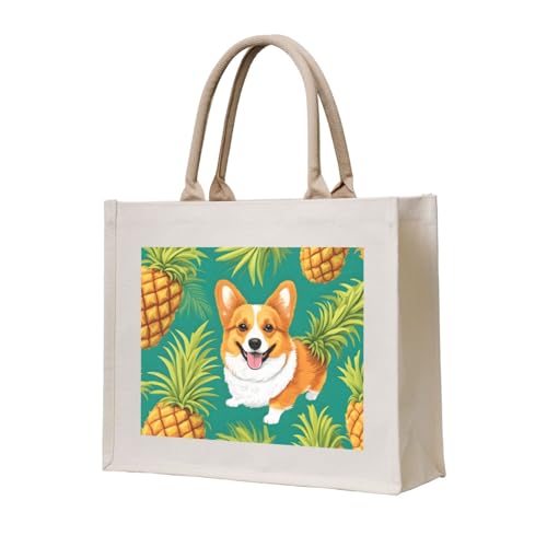 NABEAR Corgi Hawaiianische tropische Sommer-Ananas-Tragetasche aus Segeltuch – umweltfreundliche, wiederverwendbare Einkaufstasche, Schultertasche für Damen NABEAR Corgi Hawaiianische tropische Sommer-Ananas-Tragetasche aus Segeltuch – umweltfreundliche, wiederverwendbare Einkaufstasche, Schultertasche für Damen von NABEAR