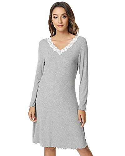 NACHILA Bambus-Nachthemden für Damen, weiche Nachthemden, langärmelig, Satin, V-Ausschnitt, Pyjama, Kleid, S-4XL, E-Heather Grey, X-Large von NACHILA