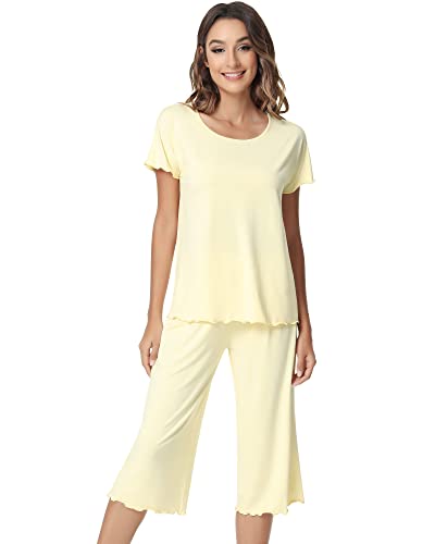 NACHILA Bambus-Pyjama für Damen, weiches Pyjama-Set, kurzärmelig, Nachtwäsche, Oberteil mit Caprihose, Pyjama, Übergröße, Loungewear, S-4X, A-gelb, M von NACHILA