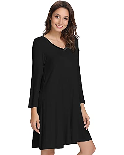 NACHILA Damen Bambus Nachthemd Langarm Nachthemd V-Ausschnitt Nachtwäsche S-XXL, A-Schwarz, Medium von NACHILA