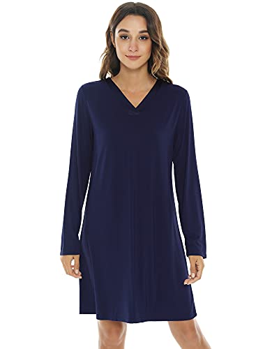 NACHILA Nachthemden für Damen, Viskose aus Bambus, langärmelig, weiches Schlafshirt, Satin, V-Ausschnitt, Nachtwäsche S-4X, E-navy blau, Medium von NACHILA