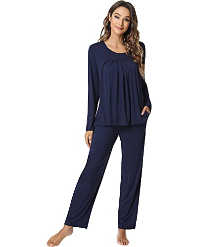 NACHILA Damen Bambus Pyjama Langarm Nachtwäsche Set Weich Pj Loungewear Hosen Set S-XXL, A-navy blau, XX-Large von NACHILA