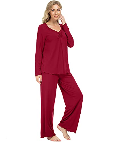 NACHILA Damen Bambus Pyjama Langarm Nachtwäsche Set Weich Pj Loungewear Hosen Set S-XXL, D-Weinrot, L von NACHILA