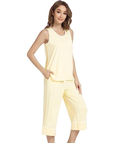 NACHILA Pyjama-Set für Damen, Viskose aus Bambus, Tanktop mit Capri-Pyjama-Set, kühlend, ärmellos, Größe S-4X, A-gelb, L von NACHILA