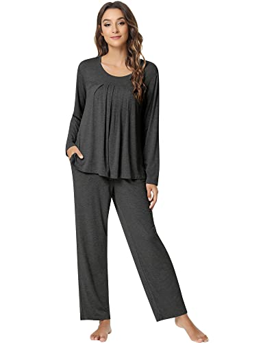 NACHILA Damen Bambus Pyjama Set Rundhalsausschnitt Nachtwäsche Langarm Pjs Weiche Loungewear Lose Pyjama Sets S-XXL, dunkelgrau (Dark Heather Grey), M von NACHILA