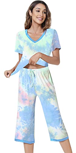 NACHILA Damen Bambus Pyjama Set Weiche Nachtwäsche Kurzarm Pjs Top mit Caprihose Pyjama-Sets für Frauen S-XXL, C-pg Batikfärbung, XL von NACHILA