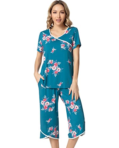 NACHILA Damen-Pyjama, Viskose aus Bambus, kurzärmelig, V-Ausschnitt, Nachtwäsche, cooler Schlafanzug mit Caprihose, C-Türkis Rose, XL von NACHILA