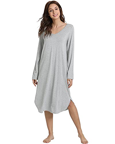 NACHILA Damen Langarm Nachthemd Weiches Nachthemd Bambus Schlafshirt Bequeme Loungewear, A-Heather Grey, X-Large von NACHILA