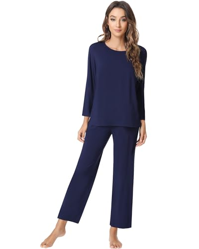 NACHILA Damen-Pyjama-Set, langärmelig, Nachtwäsche, weich, lange Hose, Bambus, Pyjama, mit Taschen, Größe S-XL, B-navy blau, XXL von NACHILA