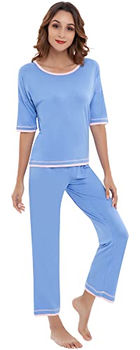 NACHILA Damen-Pyjama-Set, Viskose aus Bambus, Rundhalsausschnitt, Nachtwäsche, langärmelig, weich, Loungewear mit langen Hosen, F-sky blue, XL von NACHILA