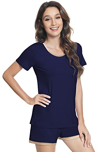 NACHILA Damen Pyjama Set Weiche Bambus Pjs Kurzarm Nachtwäsche Top mit Shorts Nachtwäsche S-XXL, A-navy blau, L von NACHILA