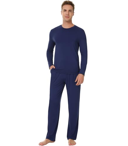 NACHILA Schlafanzug für Herren, Viskose aus Bambus, Nachtwäsche, langärmelig, weiche Loungewear mit Schlafhose, Marineblau, Medium von NACHILA