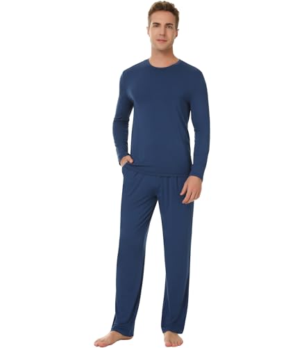 NACHILA Schlafanzug für Herren, Viskose aus Bambus, Nachtwäsche, langärmelig, weiche Loungewear mit Schlafhose, Dunkelblau, X-Large von NACHILA