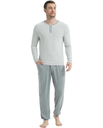 NACHILA Herren-Pyjama-Set, langärmelig, Henley-Nachtwäsche, Oberteil, weiche Jogginghose, cooles Pyjama-Set, Viskose aus Bambus, Grau / Weiß gestreift / Heather Grey, Large von NACHILA