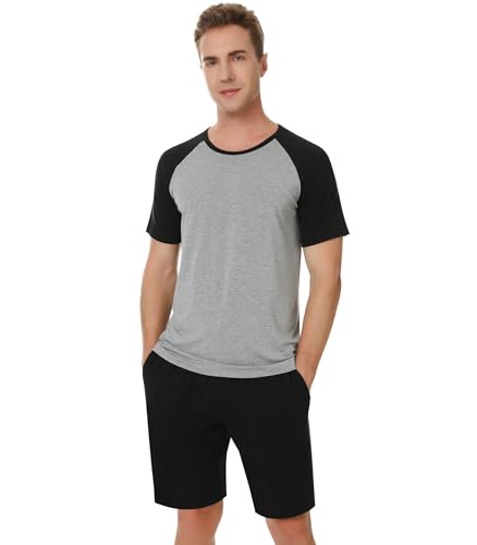 NACHILA Herren-Pyjama-Set, Viskose aus Bambus, Nachtwäsche, superweiches Pyjama-Top und Pyjama-Shorts, Sommer-Pyjama-Sets S-XL, A-Heather Grau/Schwarz, Large von NACHILA