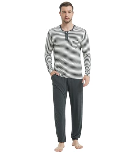 NACHILA Herren-Pyjama-Set, langärmelig, Henley-Nachtwäsche, Oberteil, weiche Jogginghose, cooles Pyjama-Set, Viskose aus Bambus, Dunkelgrau / Weiß gestreift / Anthrazit meliert, X-Large von NACHILA