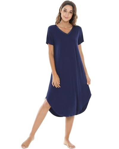 NACHILA Nachthemden, Nachtkleid, Schlafkleid für Damen, V-Ausschnitt, kurzärmelig, Nachtwäsche, cooles Nachthemd, Viskose aus Bambus, S-XXL, A-navy blau, Large NACHILA Nachthemden, Nachtkleid, Schlafkleid für Damen, V-Ausschnitt, kurzärmelig, Nachtwäsche, cooles Nachthemd, Viskose aus Bambus, S-XXL, A-navy blau, Large von NACHILA