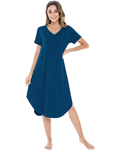 NACHILA Nachthemden für Damen, Viskose aus Bambus, V-Ausschnitt, kurzärmelig, Nachtwäsche, kühlend, A-ink blau, Large NACHILA Nachthemden für Damen, Viskose aus Bambus, V-Ausschnitt, kurzärmelig, Nachtwäsche, kühlend, A-ink blau, Large von NACHILA