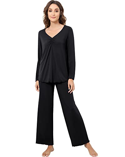 NACHILA Pyjama-Set für Damen, Viskose aus Bambus, langärmelig, weich, Nachtwäsche, bequeme Loungewear-Sets mit Hose, C-schwarz, M von NACHILA