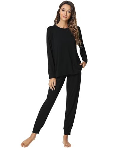 NACHILA Pyjama für Damen, Viskose aus Bambus, langärmelig, weich, dehnbar, Nachtwäsche mit Hose, Größe S-XL, A-Schwarz, XL NACHILA Pyjama für Damen, Viskose aus Bambus, langärmelig, weich, dehnbar, Nachtwäsche mit Hose, Größe S-XL, A-Schwarz, XL von NACHILA